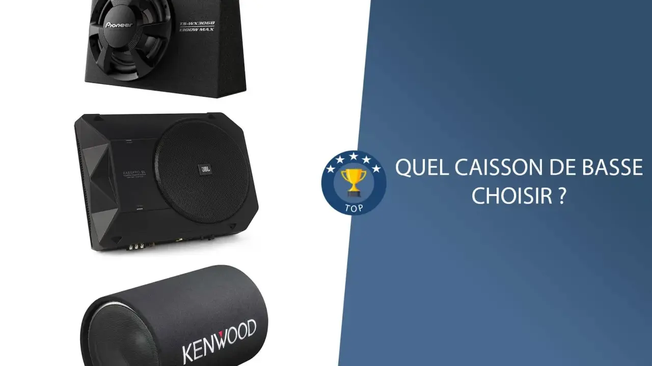 Trois caissons de basse de marques Pioneer, JBL et Kenwood.