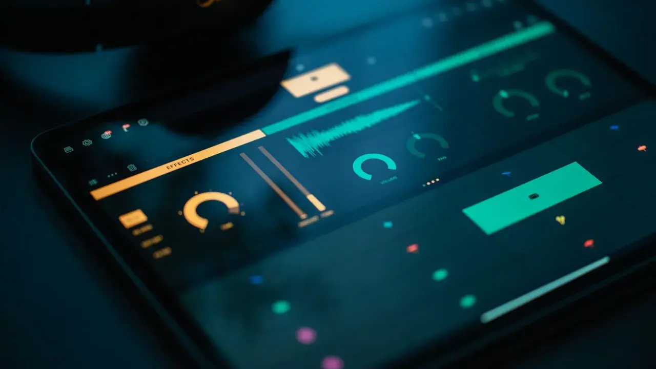 Interface d'un logiciel musique Windows sur tablette, avec des formes d'ondes et des curseurs.