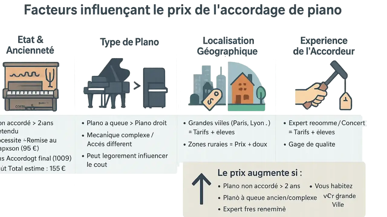 Facteurs influençant le prix de l'accordage de piano : état, type, localisation et expérience de l'accordeur. Le prix augmente si le piano est ancien ou à queue.