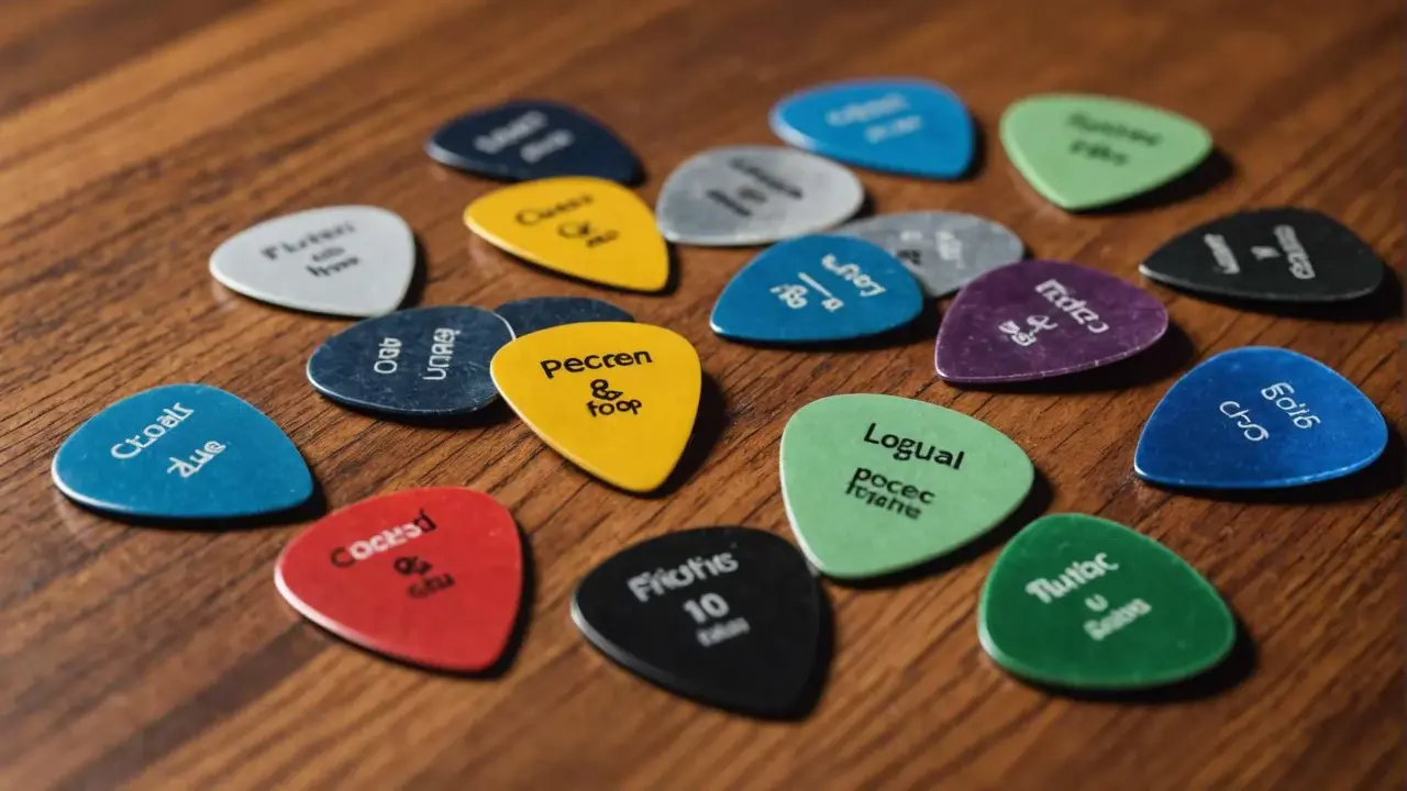 Un assortiment de médiators de guitare de différentes couleurs, chacun portant un nom ou un chiffre. Un médiator triangle jaune avec "Pecren & foop" est au centre.