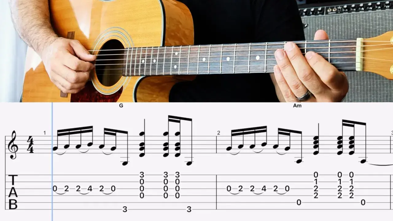 Un guitariste joue un riff guitare entraînant, avec la partition et la tablature affichées.