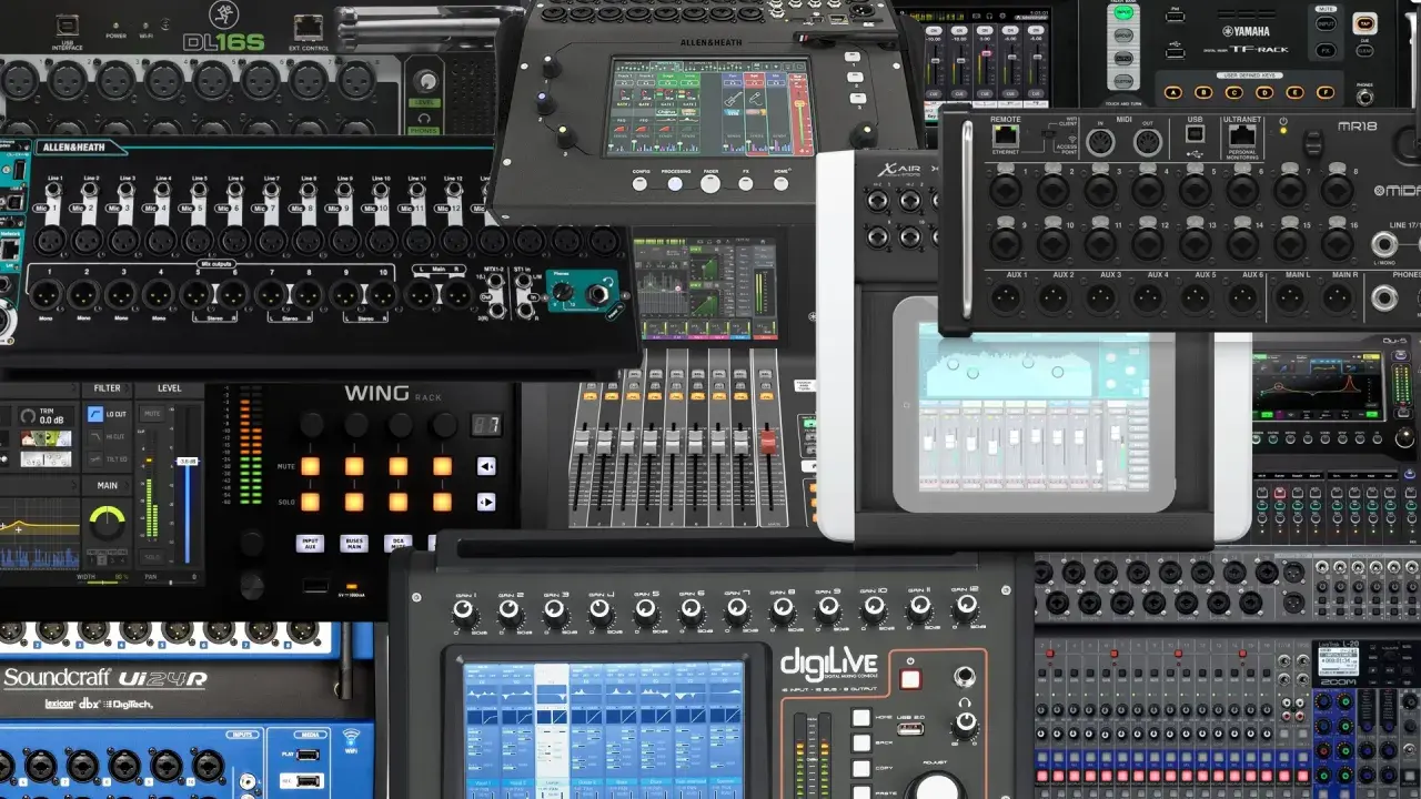 Une collection de consoles de mixage numériques et d'interfaces audio, dont une table de mixage virtuelle affichée sur une tablette.
