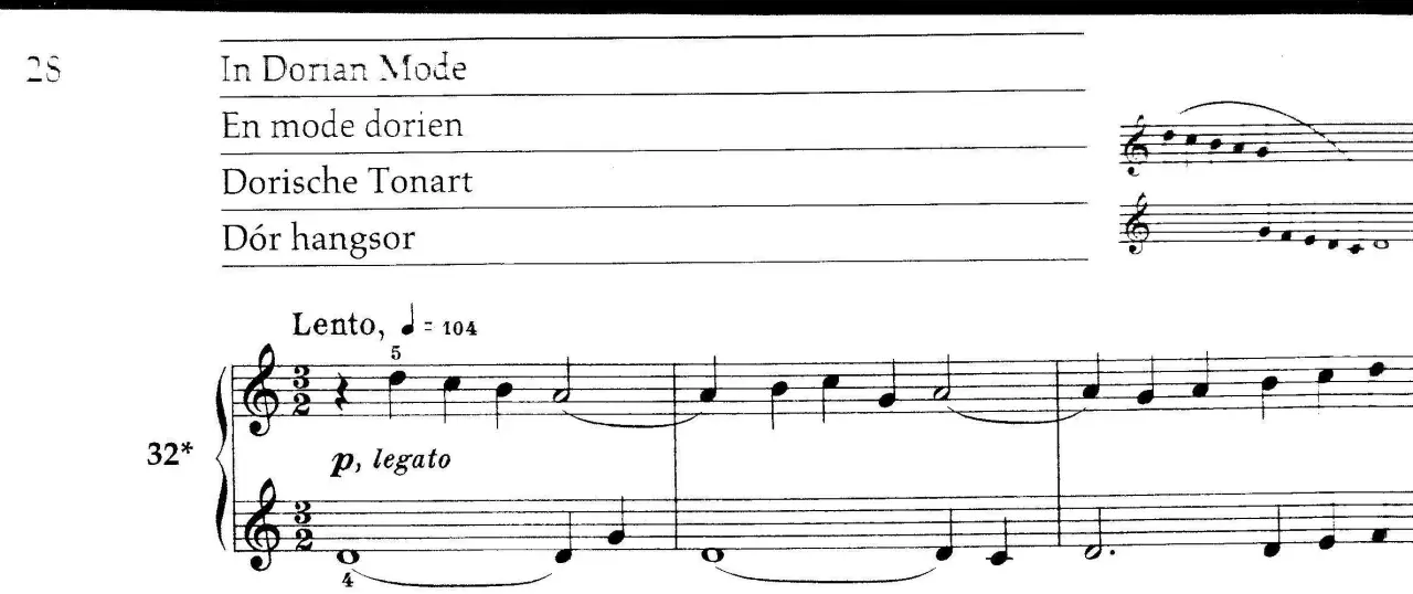 Partition musicale indiquant le mode dorien. Une mélodie douce et liée commence, jouée en tempo Lento.