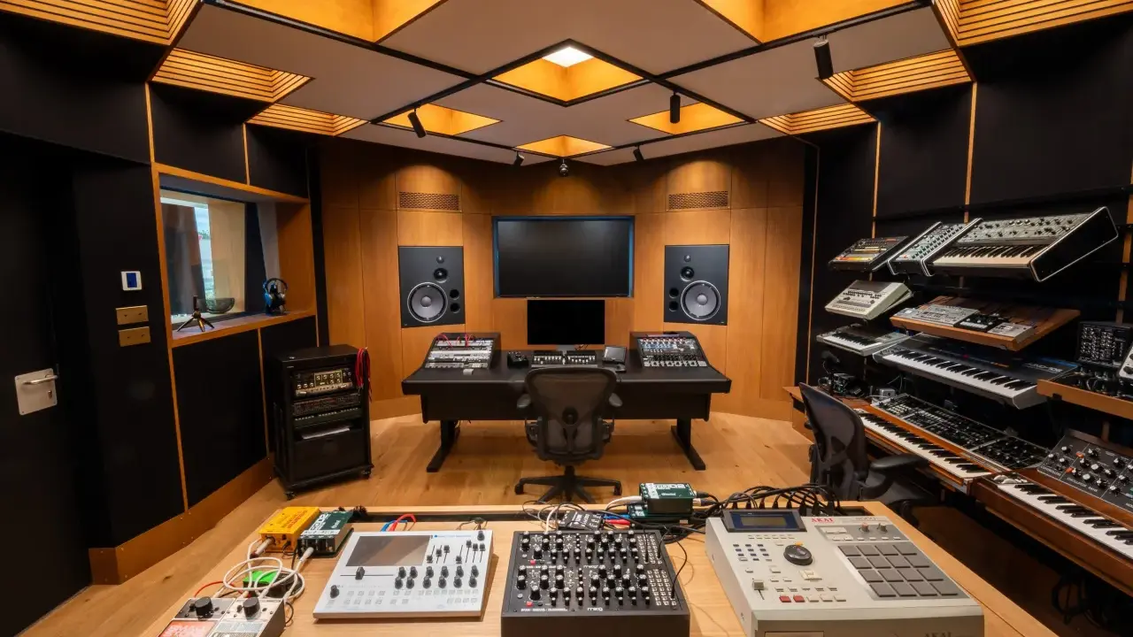 Studio d'enregistrement avec synthétiseurs, une Akai MPC 2000XL, et des pédales d'effets, prêt à faire revivre le son du daw reaper.