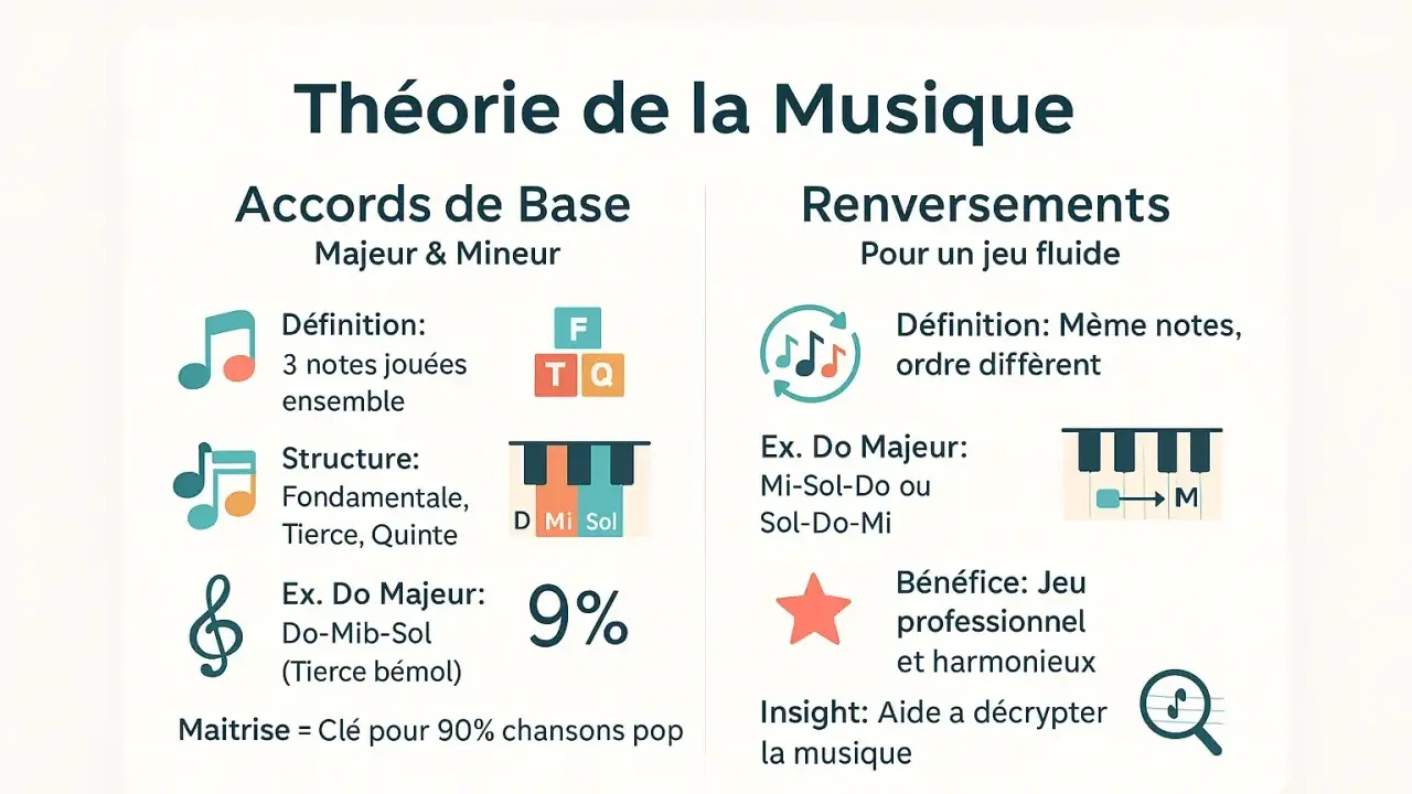 Théorie musicale : accords de base et renversements, avec un exemple de Do Majeur au piano.