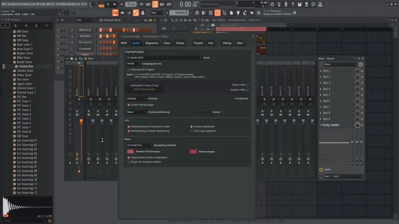 Interface FL Studio avec la fenêtre des paramètres audio ouverte, affichant les options du mixeur et les pistes.