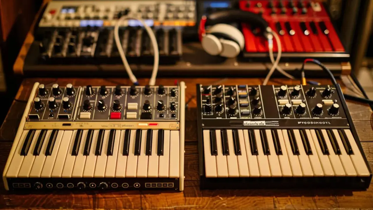 Deux synthétiseurs, l'un blanc et l'autre noir, sont alignés. Leurs claviers et boutons invitent à explorer les mondes analogique et numérique de la musique.