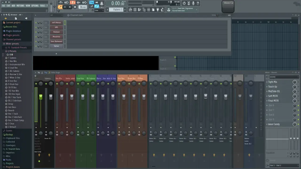 Interface de FL Studio pour un tuto : vue du mixeur avec des pistes nommées (Submix, Vox Mix, etc.) et des plugins.