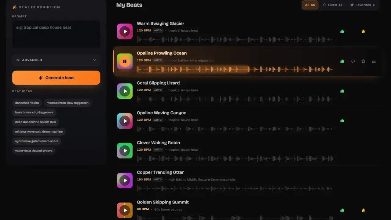 Interface de création musicale affichant des "paternes" de rythmes, avec des options pour générer de nouveaux sons et une liste de créations existantes.