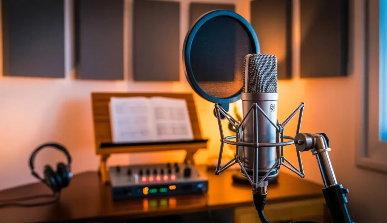 Studio d'enregistrement avec un micro line, un pupitre, des écouteurs et une console de mixage.