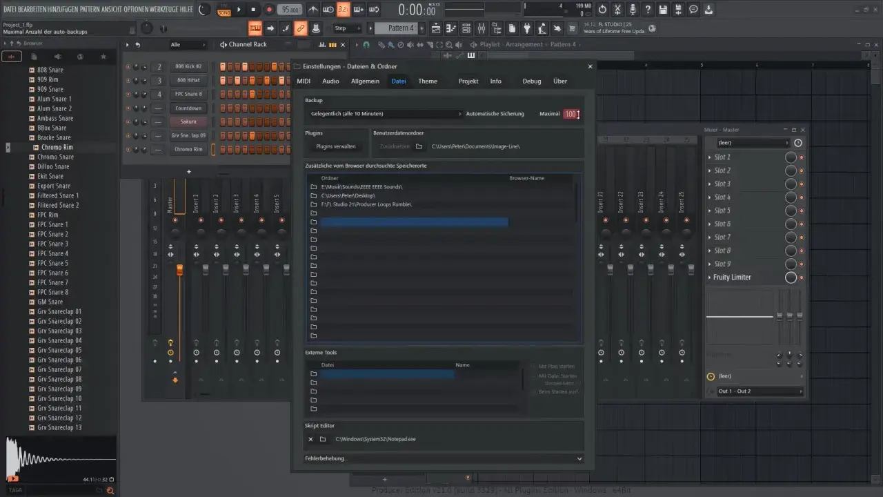 Fenêtre "Paramètres" de FL Studio, onglet "Fichiers". L'utilisateur cherche à mettre FL Studio en français en configurant les chemins des plugins.