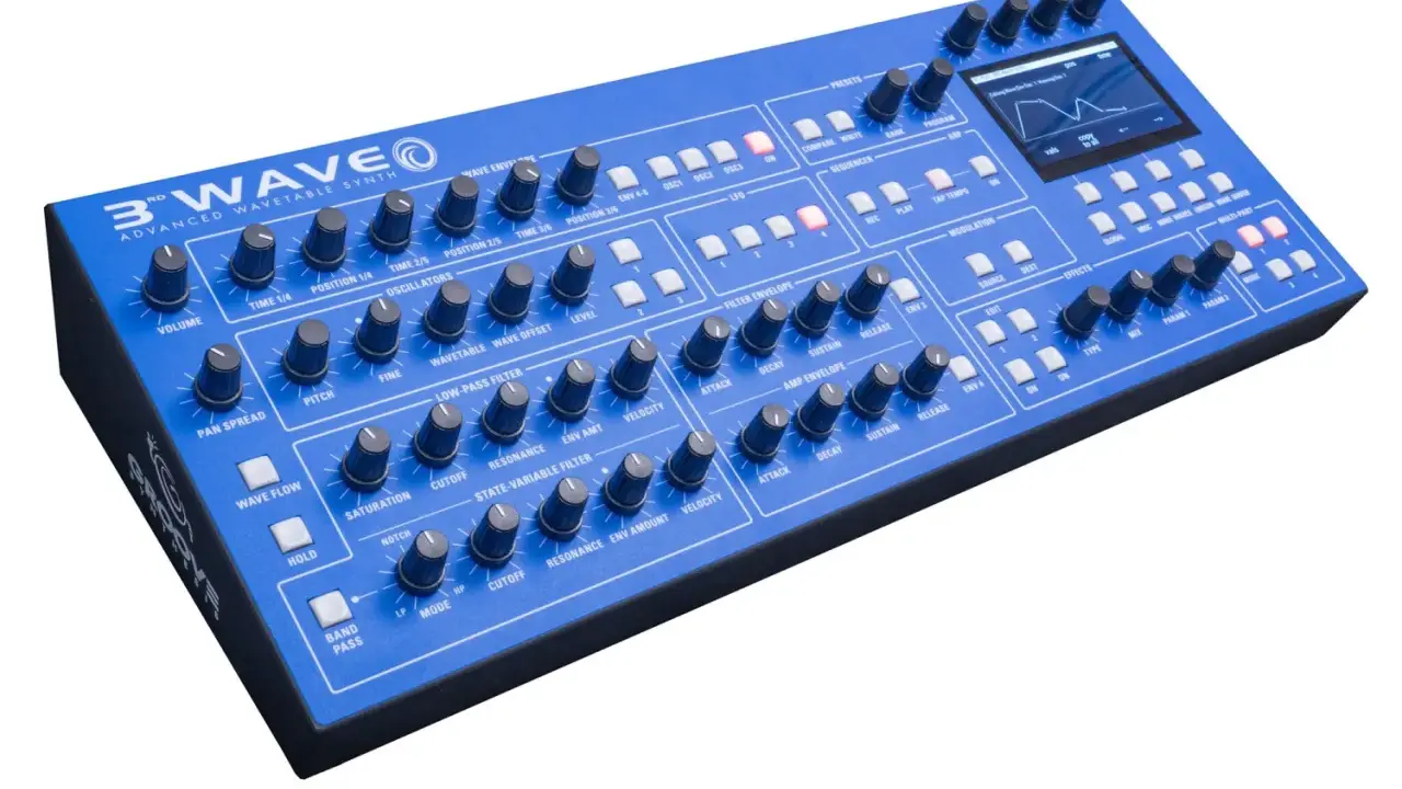 Synthétiseur bleu 3rd Wave, idéal pour apprendre à mixer de la techno. Boutons, molettes et écran pour créer des sons.