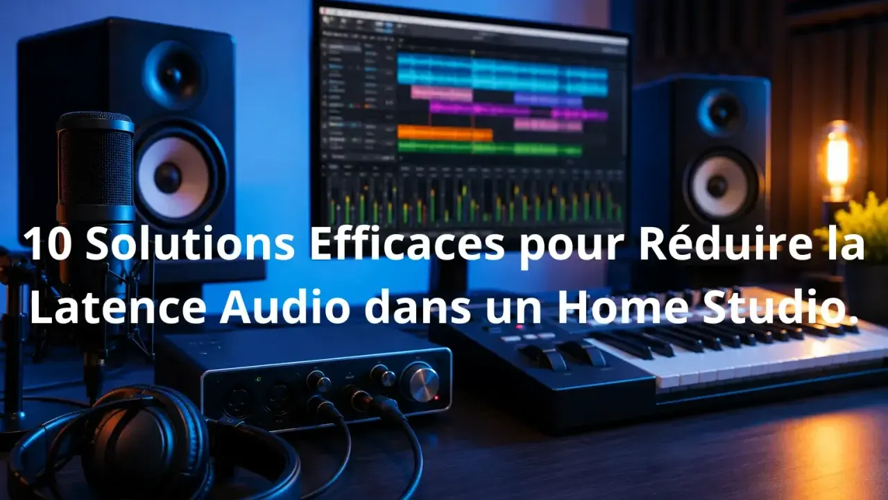 Studio d'enregistrement avec micro, casque, carte son, clavier et écran affichant une piste audio. Idéal pour éviter d'avoir de la latence.