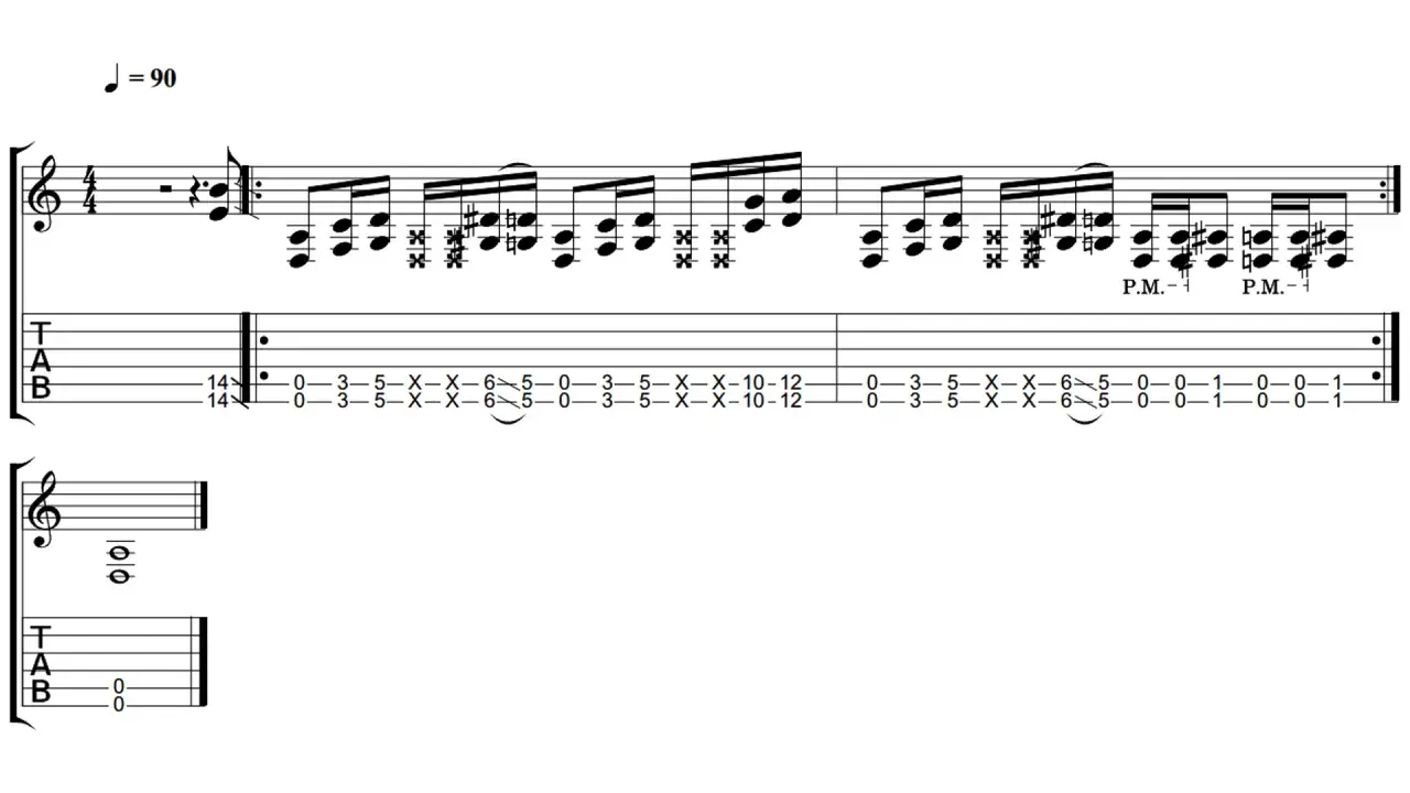 Partition de guitare avec indication de tempo J=90. La tablature montre une séquence de notes, incluant des "X" pour les cordes étouffées, et des indications de "P.M." (palm mute). Le "drop d" est suggéré par la position des notes.