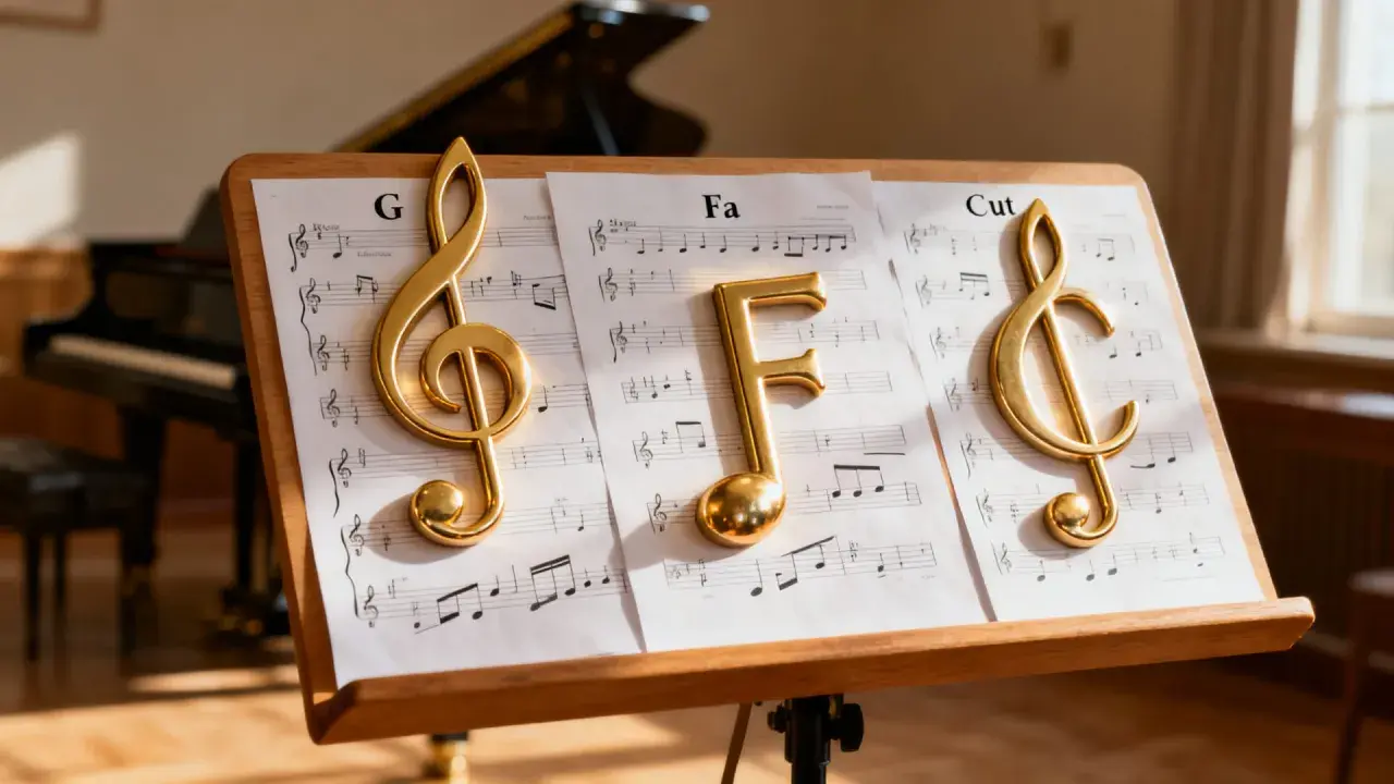 Sur un pupitre, des notes de musique dorées "G", "Fa" et une clef d'ut 4 sur des partitions. Un piano est visible en arrière-plan.