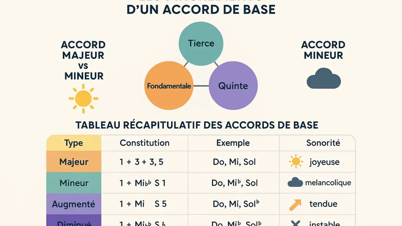 Schéma expliquant les ingrédients d'un accord de base : fondamentale, tierce, quinte. Tableau comparant les accords majeurs et mineurs, leurs constitutions et sonorités.