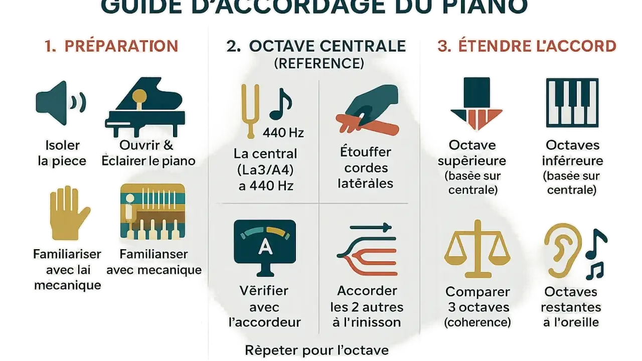 Guide pour accorder un piano : préparation, accord de l'octave centrale (La3/A4 à 440 Hz), puis extension de l'accord aux octaves supérieures et inférieures.