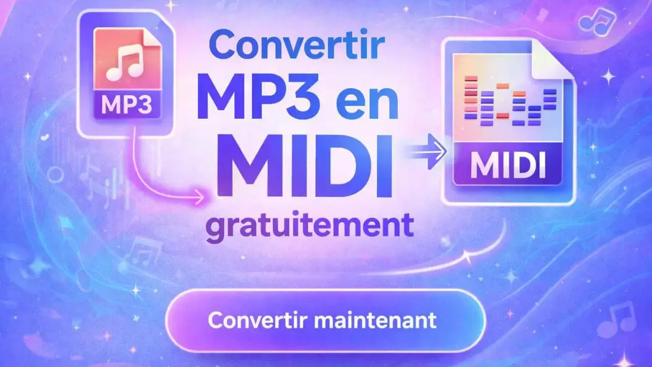 Convertir MP3 en MIDI gratuitement. L'image montre un processus de conversion audio vers MIDI, avec des icônes MP3 et MIDI.