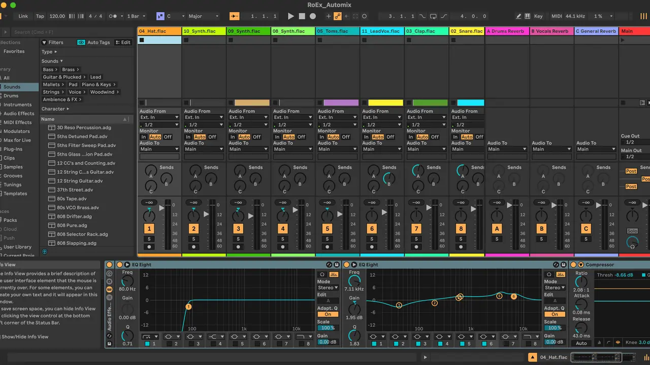 Un logiciel de production musicale affiche des pistes audio nommées, certaines en flac, d'autres en mp3. Des faders et des courbes d'égalisation sont visibles.