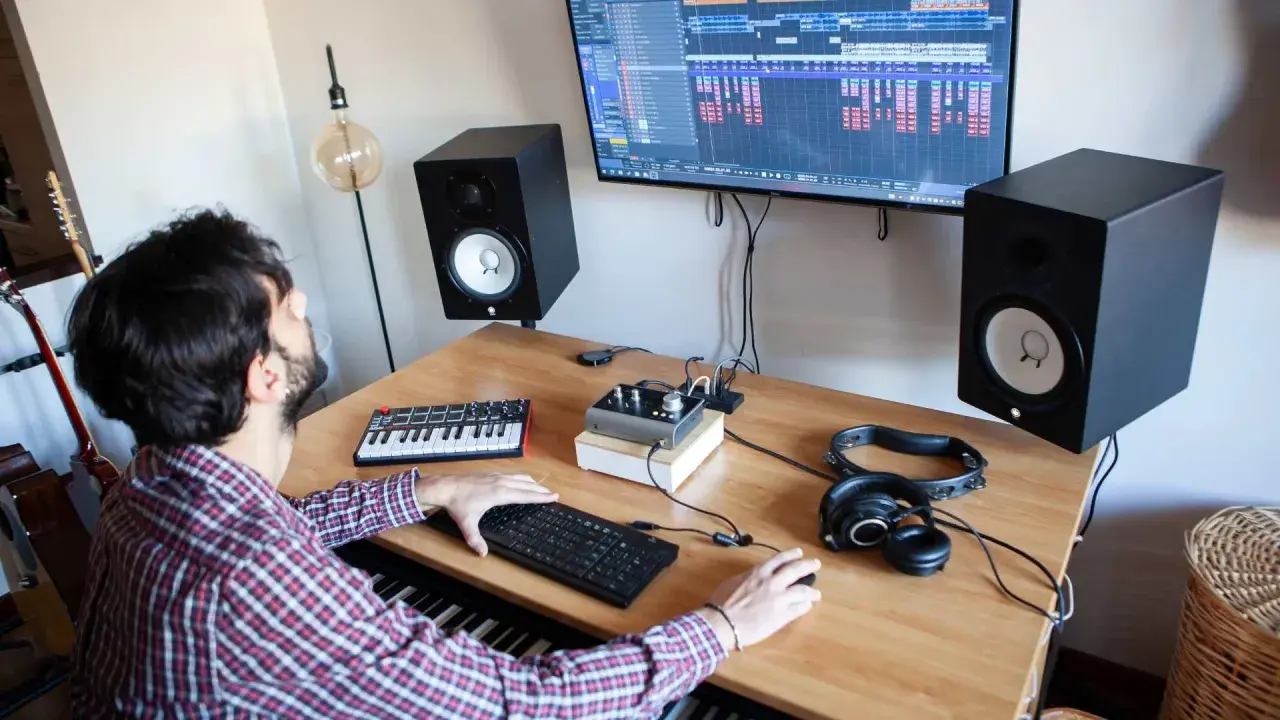 Un homme crée de la musique dans son studio. Il utilise un clavier, un ordinateur et des enceintes pour apprendre comment écrire un son.