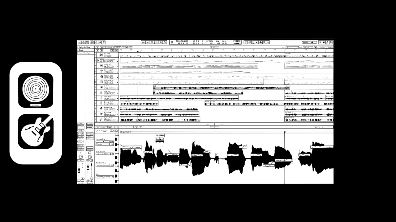Interface d'un logiciel de production musicale, montrant des pistes audio et des formes d'onde. Un univers de musique créativité.