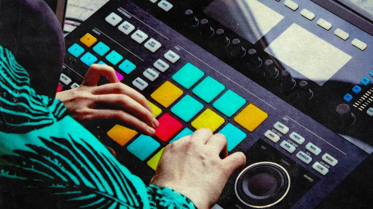 Mains d'un musicien jouant sur un instrument midi coloré, créant des rythmes avec les pads lumineux.