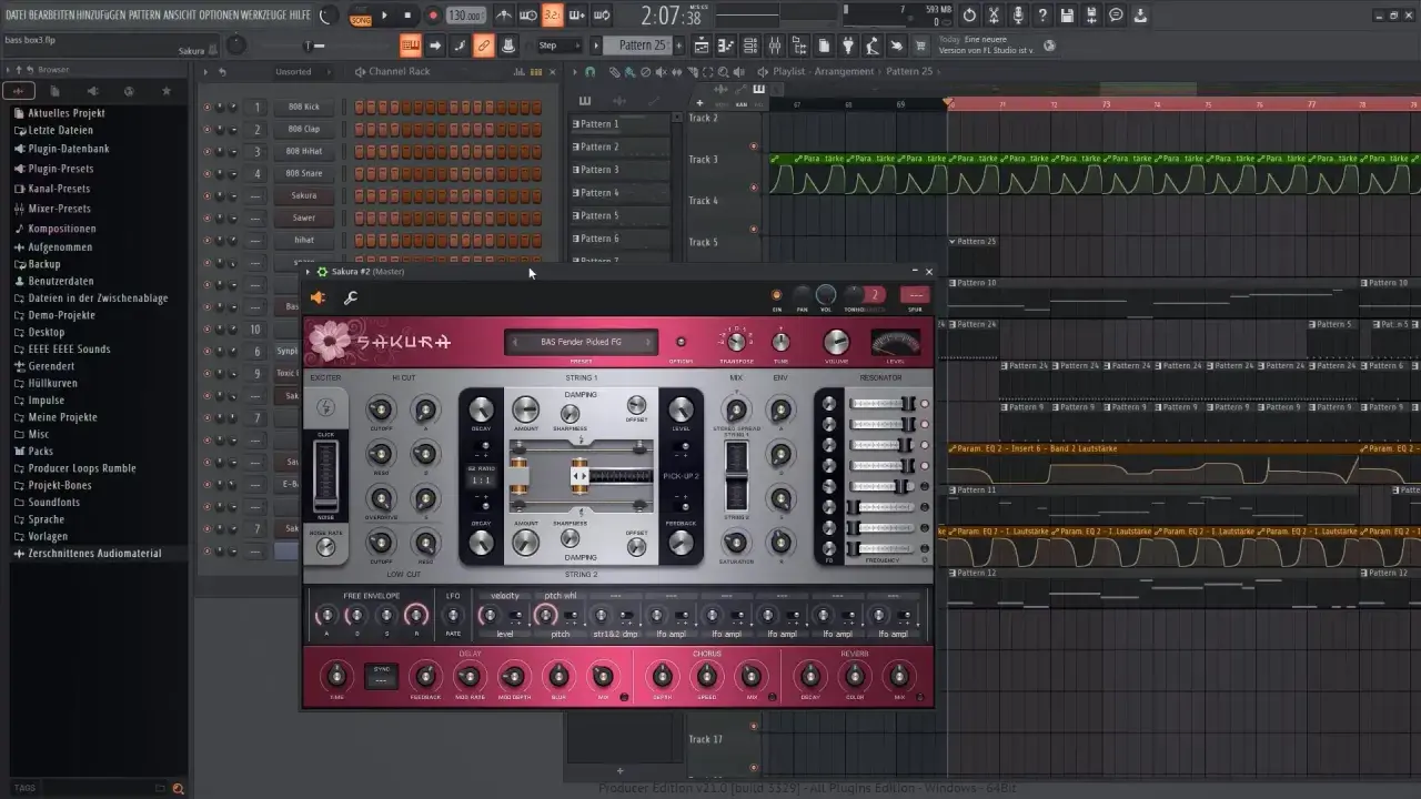 Interface de FL Studio avec le plugin Sakura ouvert, montrant les réglages du piano et les pistes audio.