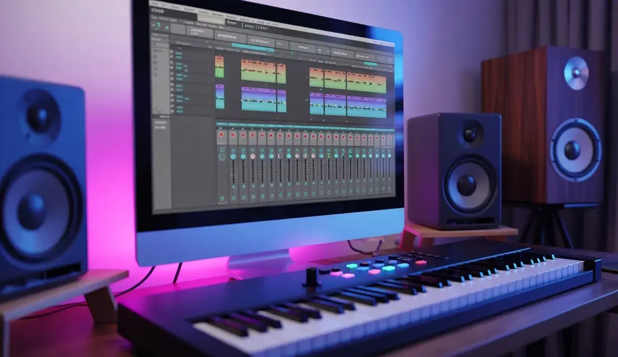 Un **synthétiseur techno** prêt à créer des rythmes. Un écran affiche une table de mixage, des enceintes et des lumières d'ambiance complètent l'espace de création musicale.
