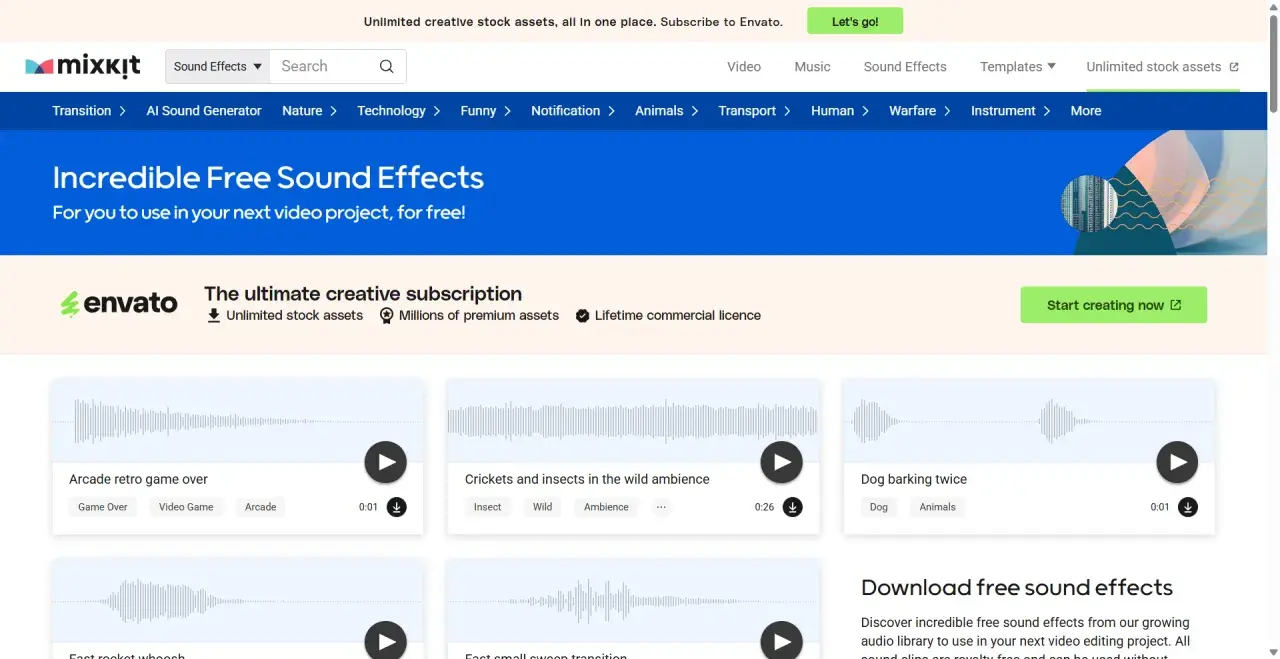 Trouvez des effets sonores gratuits pour vos projets vidéo. Mixkit propose une large sélection de sound design gratuit, parfait pour donner vie à vos créations.