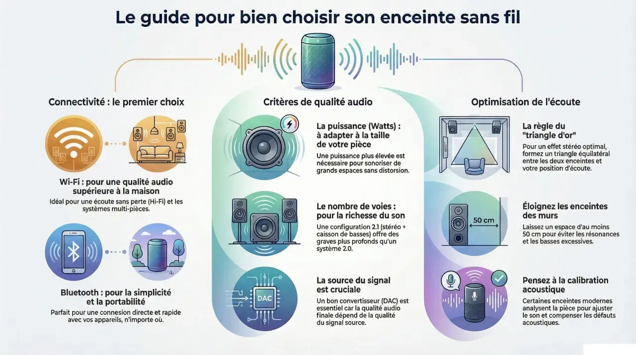 Guide pour choisir une enceinte sans fil : connectivité, critères audio, optimisation. Le mastering audio est clé.