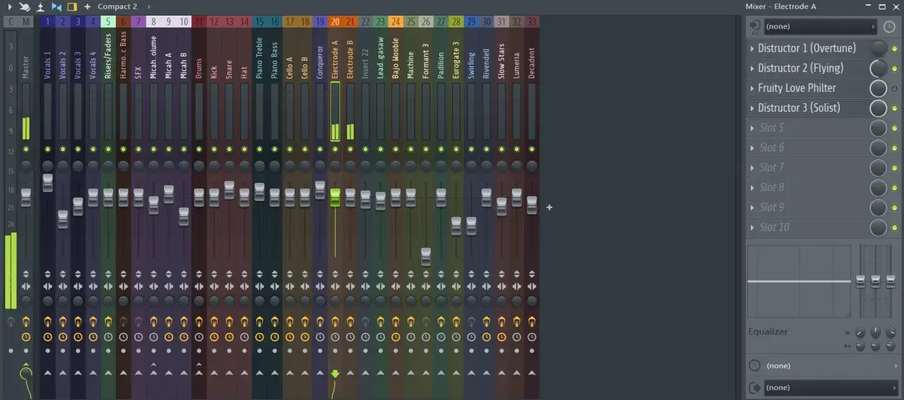Tableau de mixage avec pistes nommées : "entrée midi", "Vocals", "Drums", "Piano", "Cello", "Electrode", "Machine", "Padilion", "Eurogate", "Swirling", "Rivendell", "Slow Stars", "Lumeria", "Decadent".