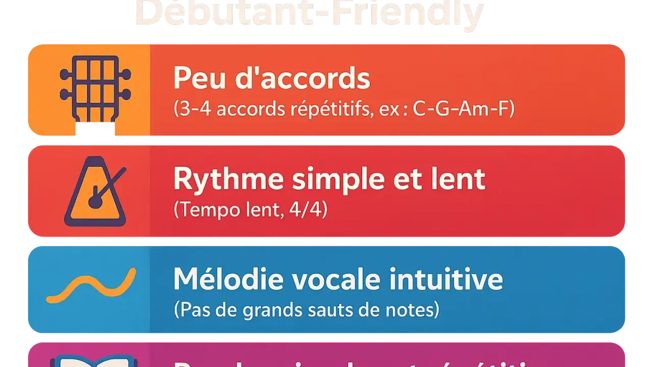Tableau "Débutant-Friendly" : peu d'accords, rythme simple et lent (tempo lent), mélodie intuitive, paroles simples.