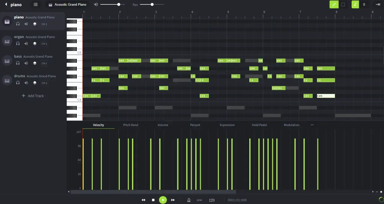 Un piano roll affiche des notes de musique sur une grille, comme des blocs de construction pour une mélodie.