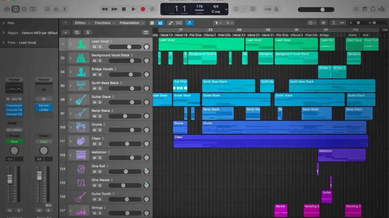 Interface d'un logiciel arrangeur musical gratuit, montrant des pistes audio et MIDI pour voix, guitare, basse, batterie et synthétiseurs.