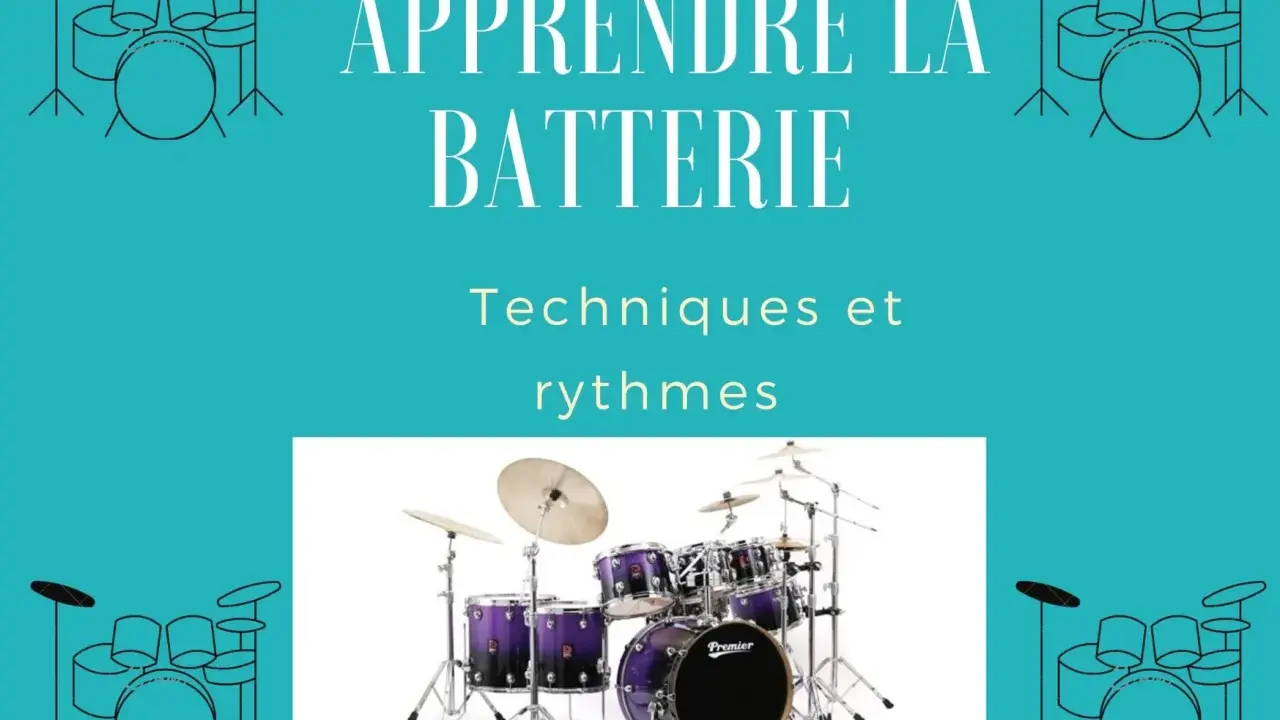 Apprendre la batterie : une composition batterie musique pour maîtriser techniques et rythmes. Une batterie violette Premier est mise en avant.