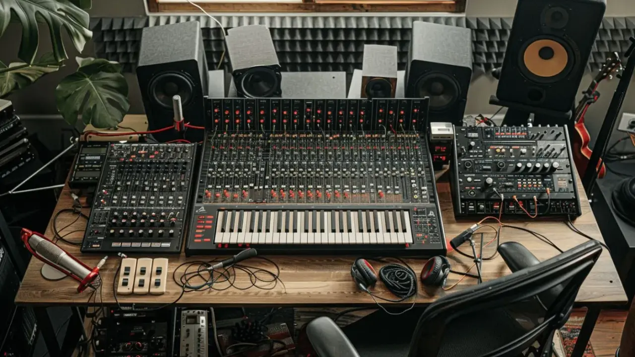 Studio d'enregistrement avec table de mixage, synthétiseurs et enceintes. Un espace dédié au mix audio, prêt à créer des sons uniques.