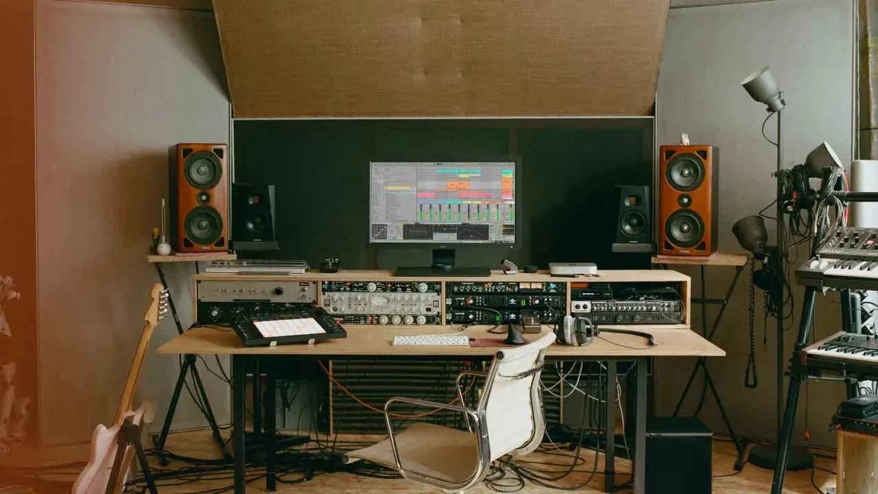 Un studio d'enregistrement avec des enceintes, un ordinateur affichant une station de travail audio numérique, des claviers, une guitare et divers équipements. C'est ici que le producteur de musique crée des sons.