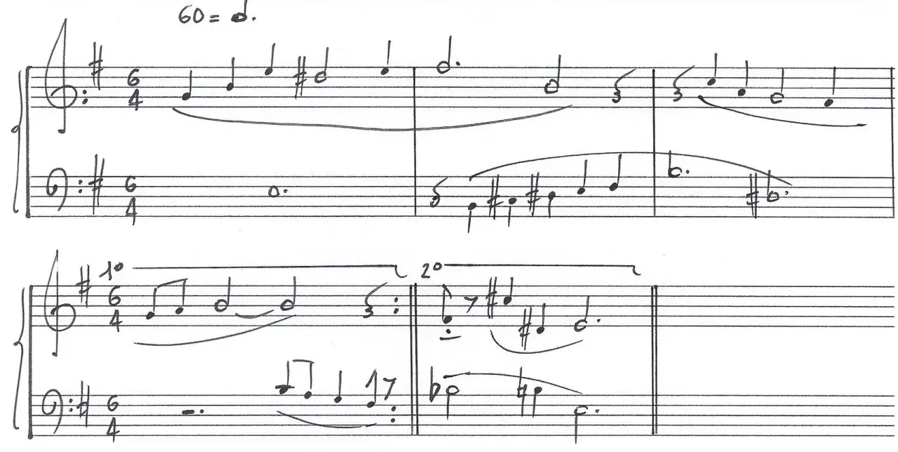Partitions manuscrites avec des notes de musique en anglais, indiquant un tempo de 60.