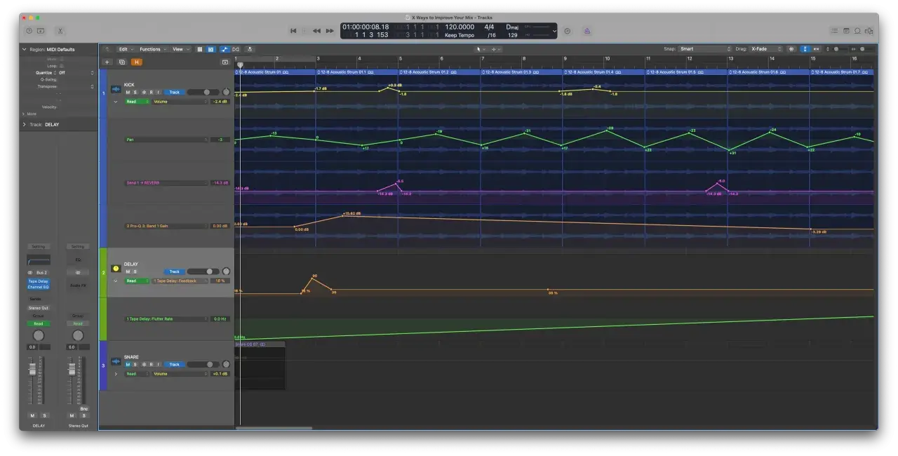 Vue d'un logiciel de production musicale. Une piste de delay est configurée avec une side chain, visible dans les réglages.