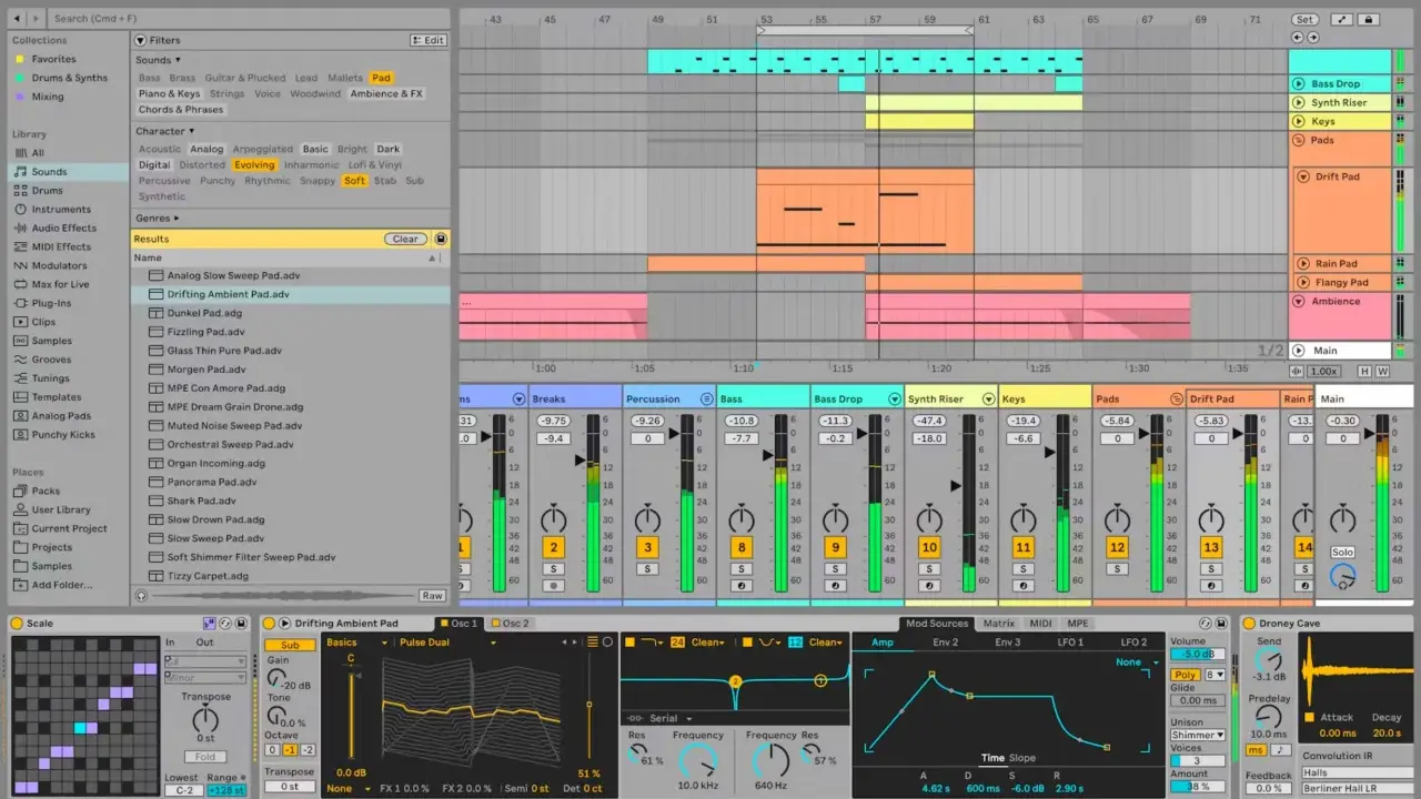 Un compositeur de musique utilise un logiciel pour créer des sons, comme ce "Drifting Ambient Pad".