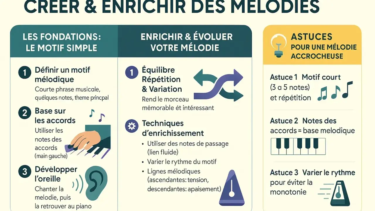 Guide pour créer des mélodies : définir un motif, utiliser les accords et développer l'oreille. Apprenez comment faire des notes de musique accrocheuses.