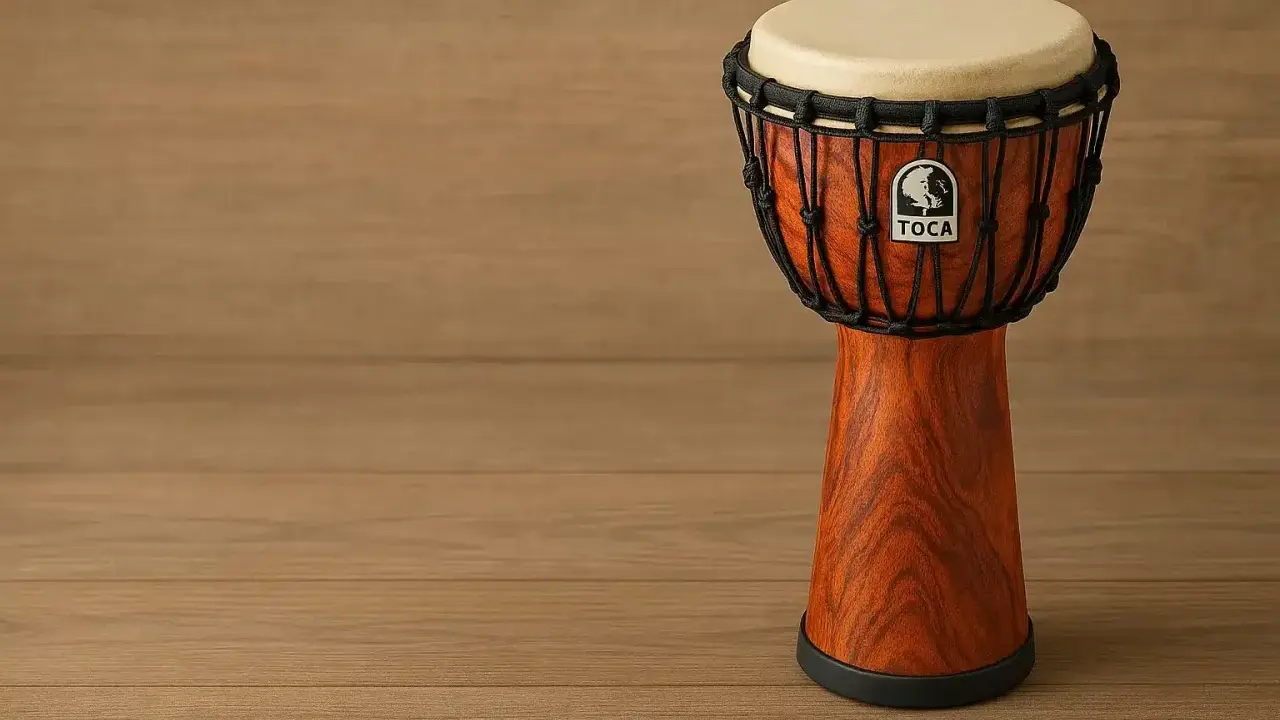 Un djembé Toca, un instrument de percussions africaines, repose sur un fond en bois.