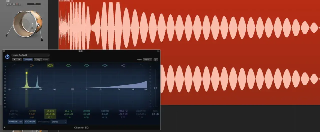 Égaliseur graphique ajustant le son d'un kick de batterie.