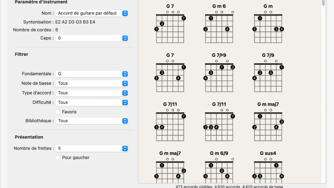 Bibliothèque de grilles d'accords affichant plusieurs diagrammes de notation d'accords de guitare, avec des options de filtrage sur la gauche.