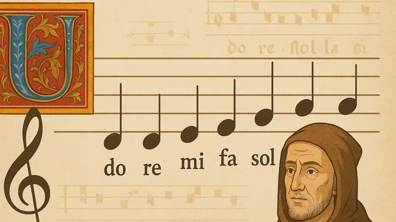 Une note de musique en lettre ornée, un moine pensif et des notes musicales sur une partition ancienne.