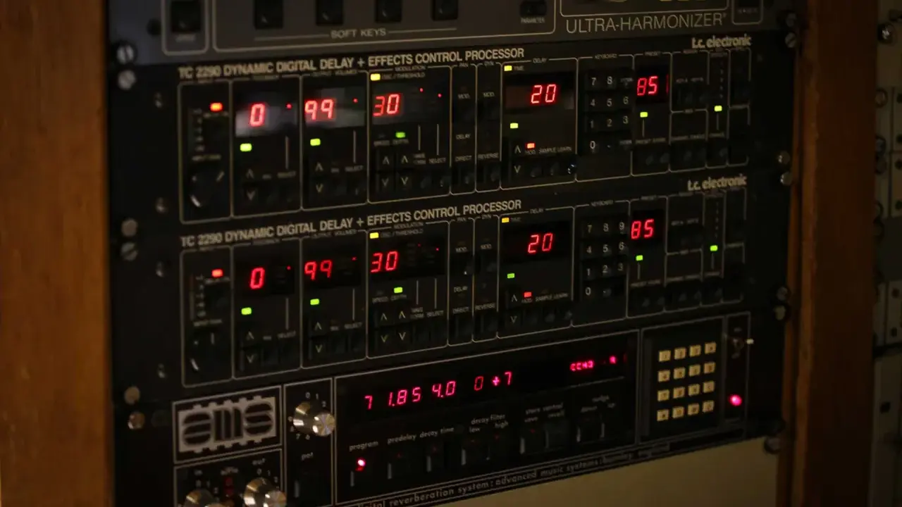 Rack d'équipements audio avec écrans numériques affichant des réglages de delay et de pré-réglages. Le delay est réglé sur 20.