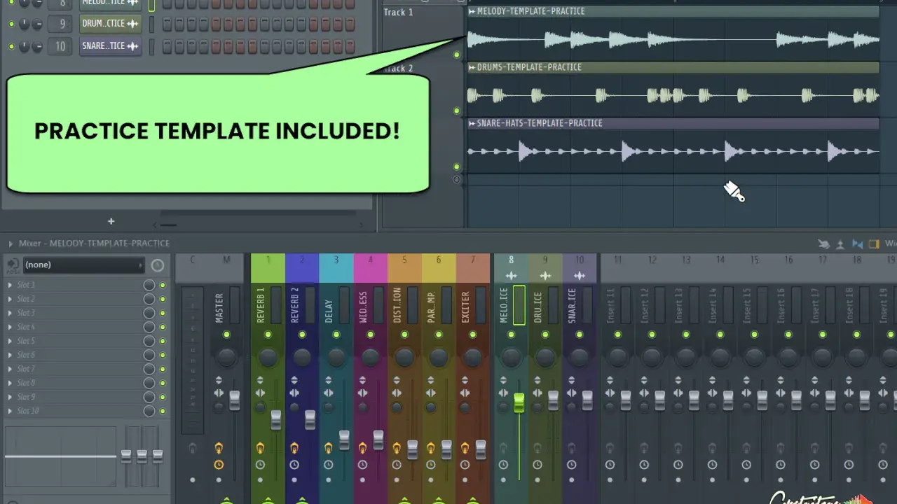 Interface de Fl Studio avec un template de pratique inclus pour la mélodie, la batterie et les snares.