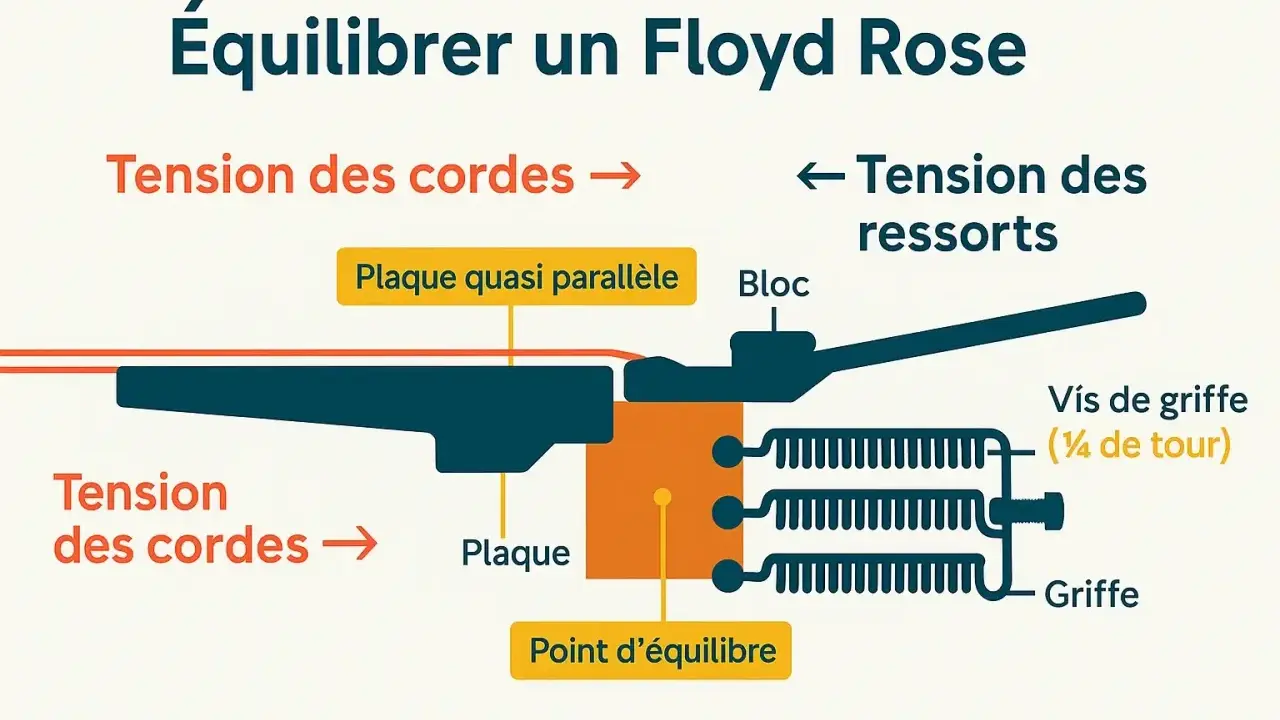 Diagramme expliquant l'équilibre d'un Floyd Rose, montrant la tension des cordes, des ressorts, la plaque et le point d'équilibre.