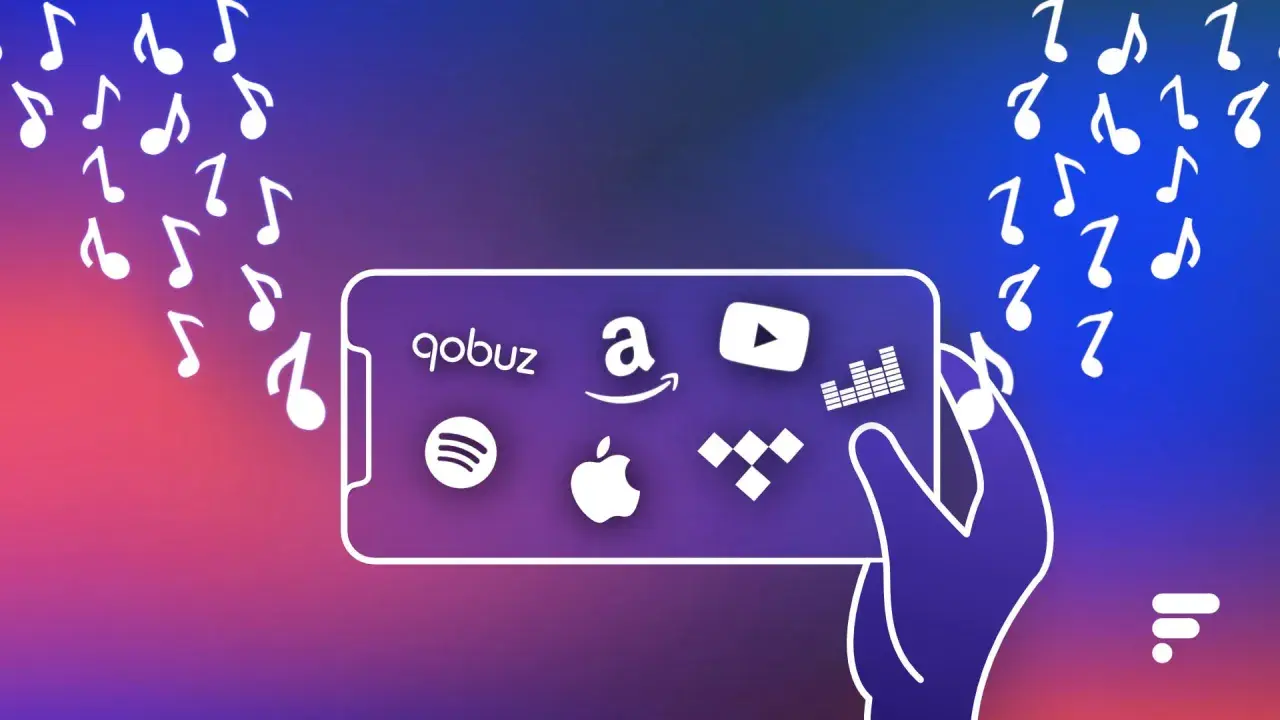 Une main tient un téléphone affichant les logos de diverses applications de musique : Qobuz, Amazon, YouTube, Spotify, Apple Music, Tidal. Des notes de musique flottent autour.
