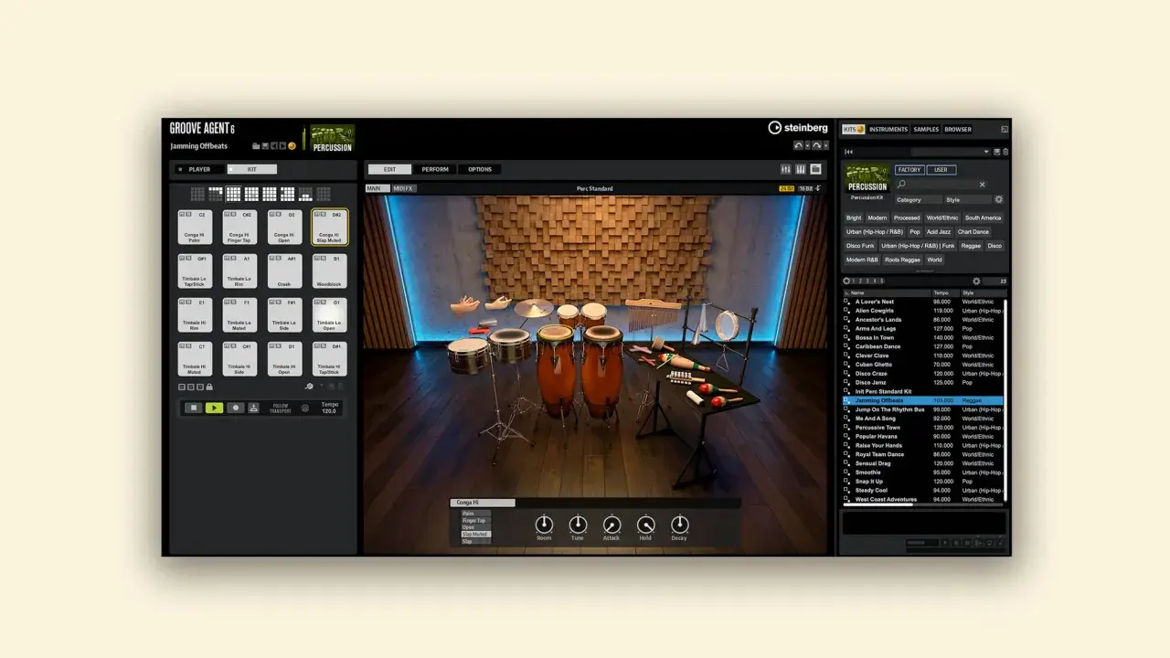 Interface de l'editeur midi Steinberg Groove Agent 6, affichant une batterie et des percussions, avec des options de kit et de style.